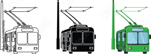 Collection of trolleybus icons in outline silhouette and color representing public transport and urban mobility concepts