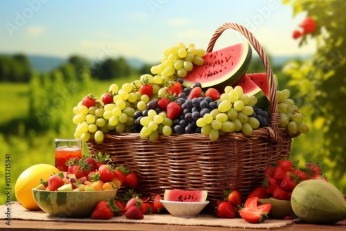 Wallpaper Mural Wicker basket overflowing with fresh summer fruits like grapes, watermelon, and strawberries outdoors Torontodigital.ca