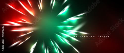 Abstract dynamic background. Bright rays emanate from central point. Red, green colors dominate dark space. Modern design element.