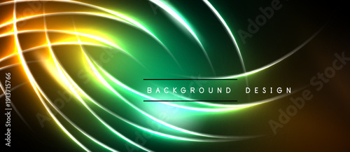Bright neon lines create swirling abstract pattern. Vivid green, yellow, orange hues dominate dark background. Modern design element.