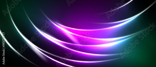 Abstract flowing lines, vibrant purple, teal hues. Dynamic light creates energy, smooth gradients, modern design. Dark background emphasizes luminosity.
