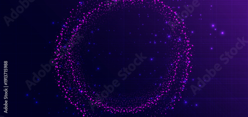 Particle circles pink glowing futuristic tech on dark blue background. Technology data communication concept.