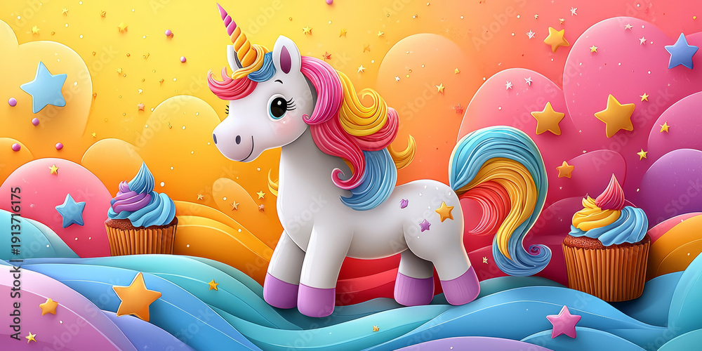 Naklejka premium Cartoon colorful with unicorns, stars, and cupcakes, a magical birthday celebration