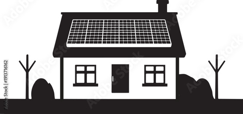 Solar energy house icon silhouette showing renewable power source panels on roof with garden bushes