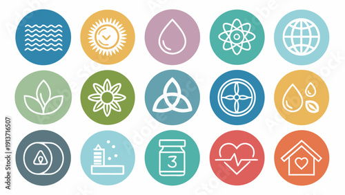 Modern minimalist line art icons collection. Vibrant, clean flat design illustrations depicting diverse concepts nature, science, health, and global themes for digital use