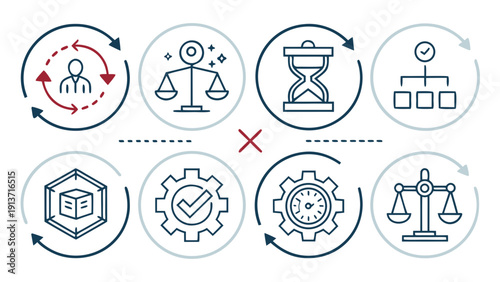 A set of icons representing business concepts, including balance, time, and validation, arranged in a grid with circular frames and arrows