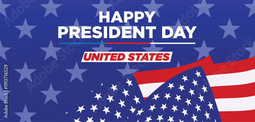 February 16 2026 is President's Day. America flag, star, White House and sparkle. Great for cards, banners, posters, social media and more. Dark blue background.