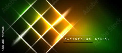 Bright neon lines form geometric shapes. Gradient colors blend from green to orange, creating dynamic visual effect. Dark background enhances luminosity.