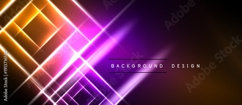 Abstract neon lines create dynamic geometric pattern. Vibrant orange, purple hues dominate dark background. Modern design element.