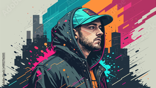 Abstract cyber grunge composition with distressed textures and digital glitch effects, modern tech background