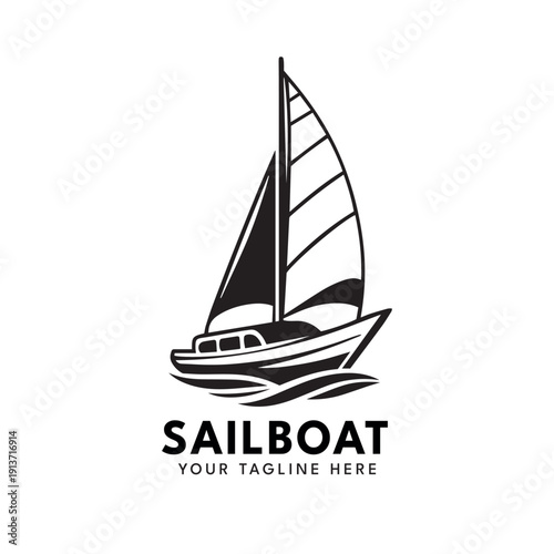 Elegant sailboat logo in black and white featuring sleek sailing vessel moving through ocean waves