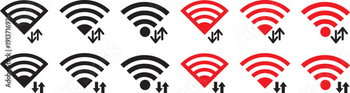 wifi logo icon set. Simple black and white wi fi signal icon design. A white and red WiFi symbol on a black and  Red