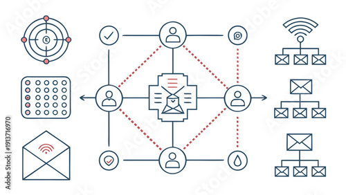 Dynamic digital network concept illustration, showcasing secure data management, interconnected user communication, and strategic information exchange within a technological system