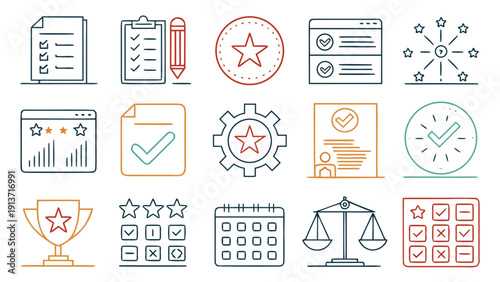 A collection of icons representing success, achievements, and quality evaluation