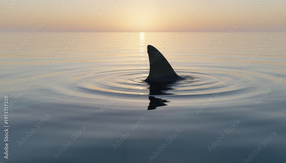 Fototapeta premium Lone Megalodon Fin Above Water at Sunrise in Calm Ocean with Minimalist Composition