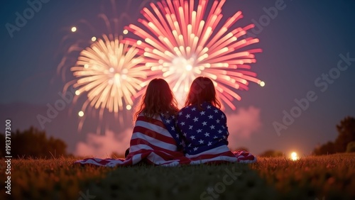 Two people watching fireworks display, sitting together on grass with american flag blankets at evening celebration, concept of independence day, patriotic holidays