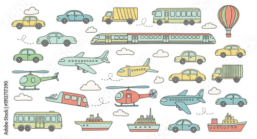 Colorful hand drawn various transportation vehicles including cars trucks airplanes and boats.