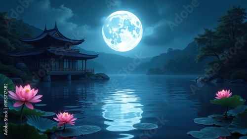 Pagoda temple at night with full moon over calm lake, lotus flowers in water with misty mountain landscape background, concept of mid-autumn festival, asian culture