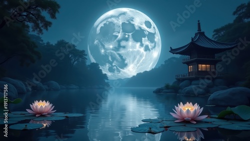 Pagoda temple at night with full moon over calm lake, lotus flowers in water with misty mountain landscape background, concept of mid-autumn festival, asian culture