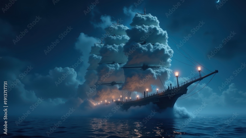 Fototapeta premium Ship sailing through starry night sky, traditional japanese vessel made of clouds dark blue ocean lanterns glowing ethereal, concept of travel, fantasy arts, wellness