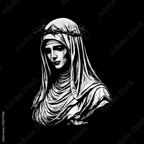 Highly detailed hand-drawn vector illustration of a sorrowful veiled woman wearing a crown of thorns. Monochrome engraving style with dramatic shading and textured linework, evoking themes of faith.