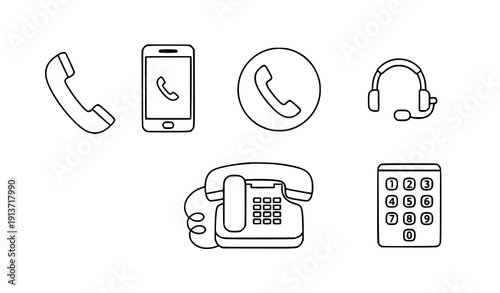 Telephone and Call Outline Icon Set Minimal Phone Vector Symbols on White Background