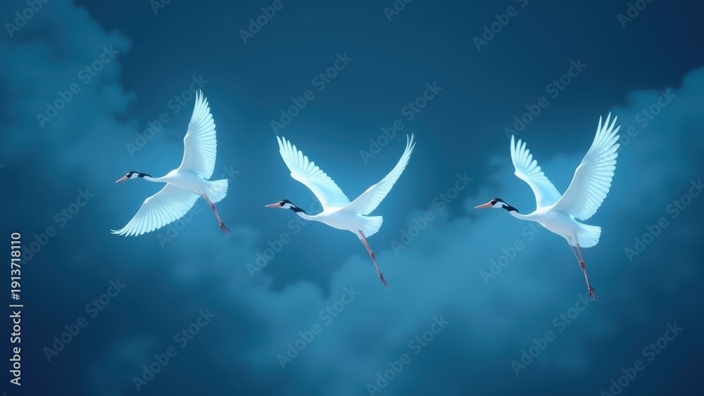 Obraz premium Cranes dancing through clouds translucent birds glowing, dark blue japanese cinematic atmosphere ethereal surreal graceful flight, concept of meditation, wellness, zen garden