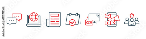 Public relations banner web icon vector illustration concept with icon and symbol of communication, internet, journal, events, radio, tv, social media and customer