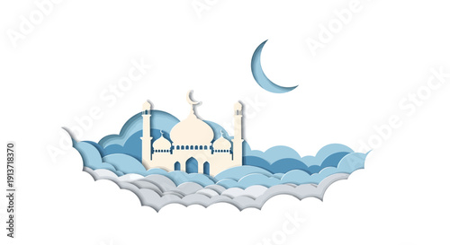 A serene illustration of a mosque with a crescent moon above, surrounded by clouds, during Ramadan, viewed from a distance.