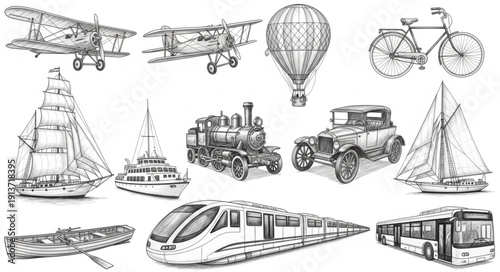 Collection of vintage and modern transportation vehicles hand-drawn sketch.