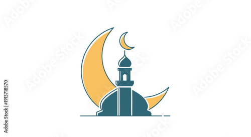 Illustration of a mosque with a crescent moon symbolizing Ramadan, viewed from the front with a simple and modern design.