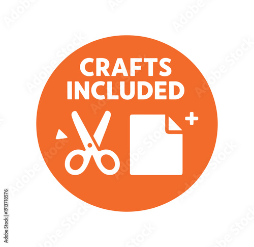 Flat vector badge CRAFTS INCLUDED simple white scissors with paper good for package business info about product