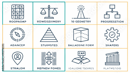 Collection of various geometric shapes and icons representing different mathematical concepts and tools displayed in a grid layout