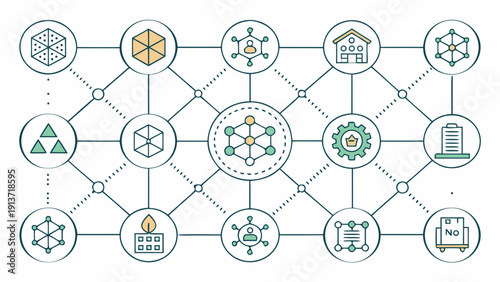 Interconnected icons representing various scientific and technological concepts in a network diagram, viewed from a top-down perspective, showcasing a complex system