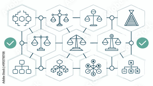Illustration of interconnected business concepts and scales in a hexagonal flowchart, viewed from directly above, showcasing professional industry elements.