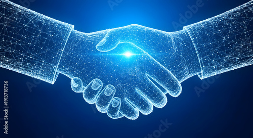 A glowing blue handshake made of particles on a dark blue background