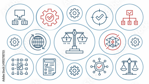 Collection of business icons representing various aspects of industry and technology in a circular format