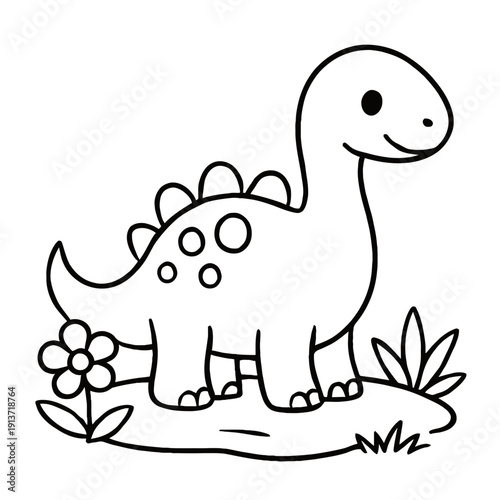 A smiling dinosaur standing on a patch of land with flowers and grass, outlined in black lines, isolated on transparent background