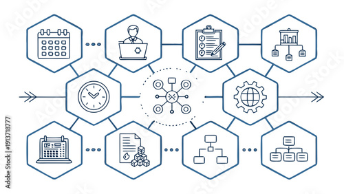 A complex system diagram illustrating various business processes and technologies in a modern office environment from a top-down viewpoint.