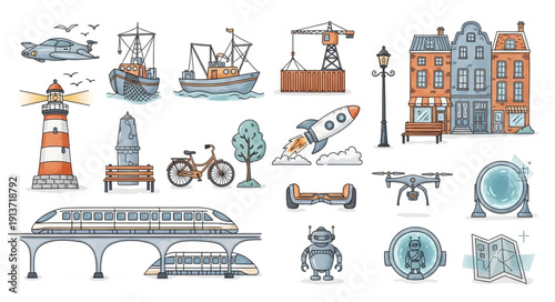 Collection of whimsical transportation and building illustrations.