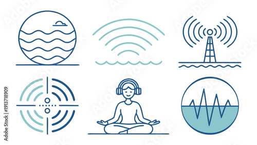 A serene person meditates with headphones surrounded by sound waves and nature elements in a digital illustration