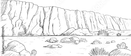 Hand Drawn of a Desert Landscape with Cacti and Rocky Cliffs