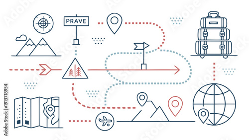 Travel journey planning illustration with map, luggage, and globe icons in a minimalist style