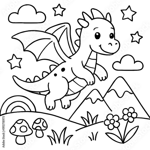 A smiling cartoon dragon flying over a mountainous landscape with rainbow, clouds, and stars, surrounded by flowers and mushrooms, isolated on transparent background