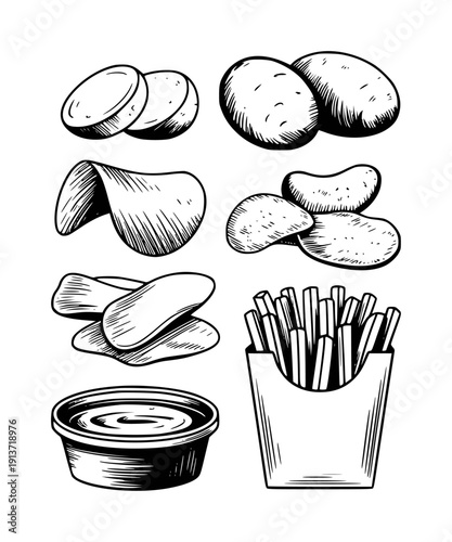 Hand Drawn Potato Chips French Fries Whole Potatoes and Dip White Background