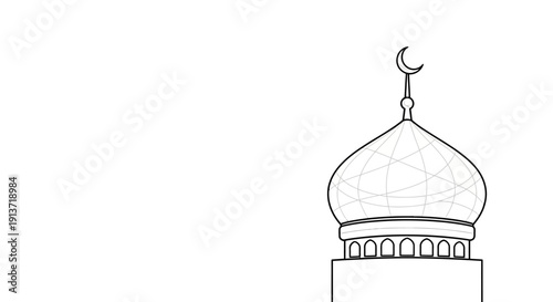 Islamic mosque dome with crescent moon illustration viewed from the front in a minimalist style