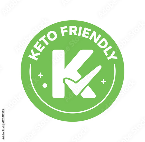 Flat vector badge KETO FRIENDLY simple white K with checkmark good for package business info about product