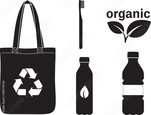 A collection of eco friendly sustainable products and organic items designed for a green lifestyle and environmental protection in a modern setting.