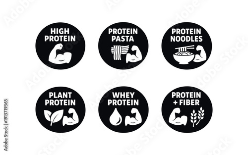 2x3 grid on white background six separate flat vector badges badge solid black circle with the text good for package business info about product consistent style and size badge texts and :
