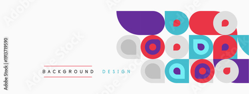 Abstract geometric shapes overlap. Circles, squares, rectangles create colorful background design. Minimalist style, modern aesthetic.